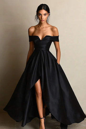 Off The Shoulder High Low A Line Black Tie Dress